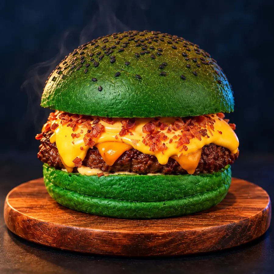 Hulk Smash Combo: pão verde, carne, queijo cremoso e farofa de bacon