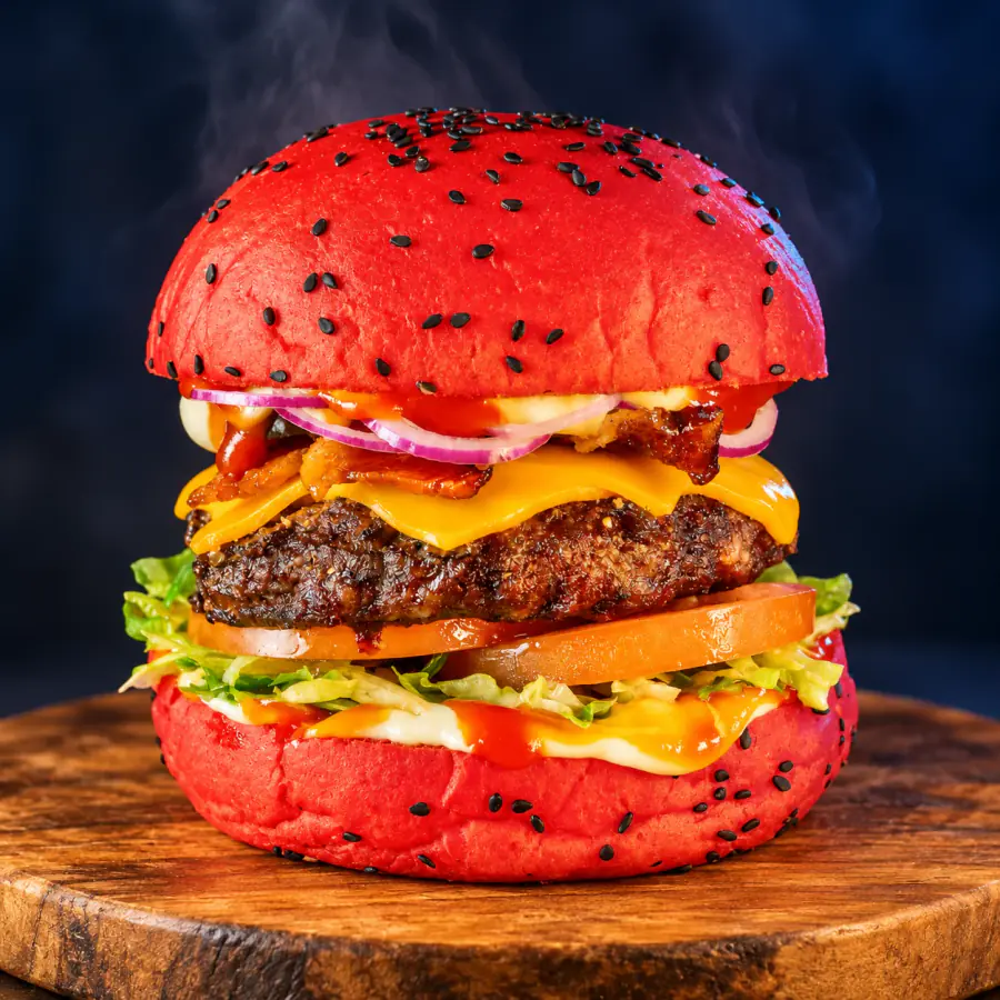 Miranha Burger: pão vermelho, carne, cheddar, bacon e salada