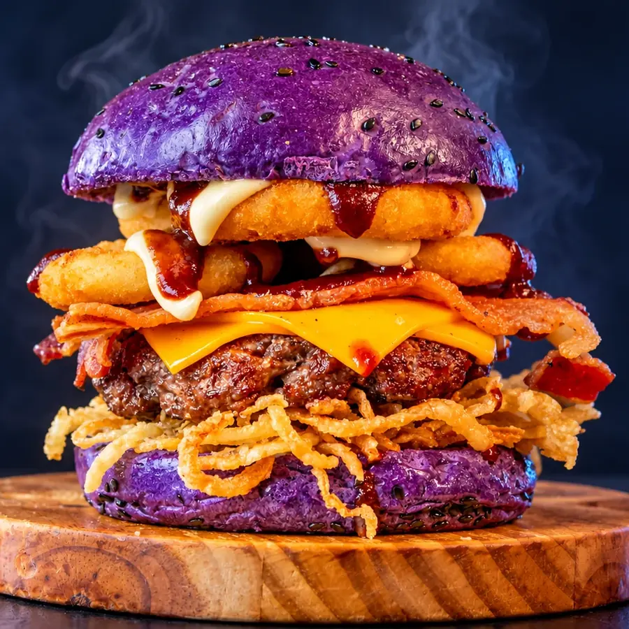 Thanos Burger: pão roxo, carne, cheddar, bacon e anéis de cebola